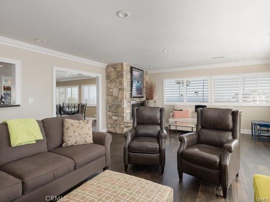 Dining room, Interior, Living room, Recessed Lighting, Stone Walls, Wood Texture Flooring