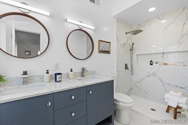 Bathroom, Dual Sink Vanities, Interior, Marble Walls, Recessed Lighting