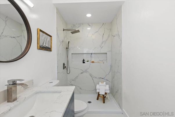 Bathroom, Interior, Marble Walls, Recessed Lighting