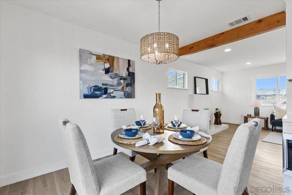 Chandelier, Dining room, Interior, Pendant Lights, Recessed Lighting, Wooden Beams, Wood Texture Flooring
