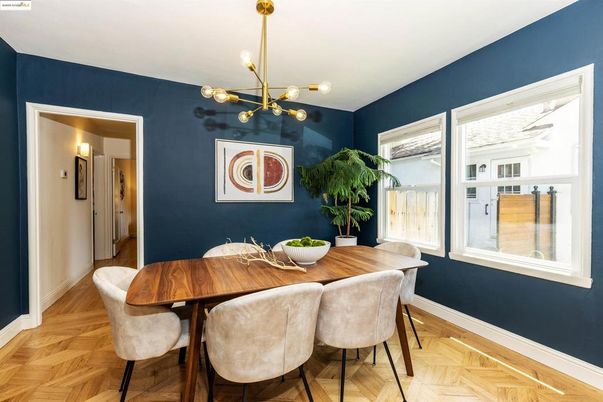 Dining room, Interior, Pendant Lights, Wood Texture Flooring