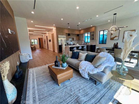Dining room, Interior, Kitchen, Living room, Pendant Lights, Recessed Lighting, Stainless Steel Appliances, Wood Texture Flooring