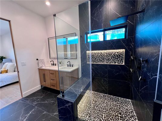 Bathroom, Bedroom, Dual Sink Vanities, Interior, Marble, Marble Walls, Recessed Lighting