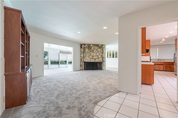 Empty room, Fireplace, Interior, Kitchen, Recessed Lighting, Stone Walls