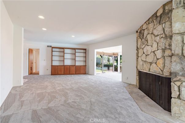 Empty room, Fireplace, Interior, Recessed Lighting, Stone Walls
