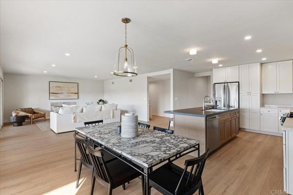 Dining room, Interior, Kitchen, Living room, Pendant Lights, Recessed Lighting, Stainless Steel Appliances, Wood Texture Flooring
