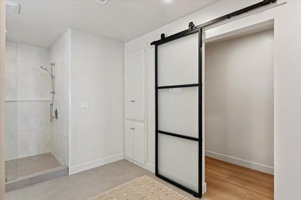 Bathroom, Glass Shower, Interior, Wood Texture Flooring