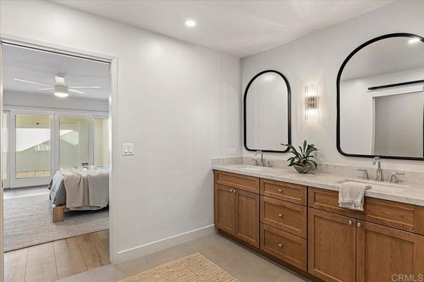 Bathroom, Dual Sink Vanities, Interior, Recessed Lighting, Wood Texture Flooring