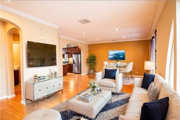 Dining room, Interior, Kitchen, Living room, Recessed Lighting, Stainless Steel Appliances, Wood Texture Flooring