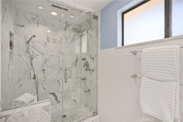 Bathroom, Glass Shower, Interior, Marble, Marble Walls, Recessed Lighting