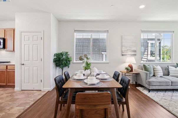 Dining room, Interior, Living room, Recessed Lighting, Wood Texture Flooring