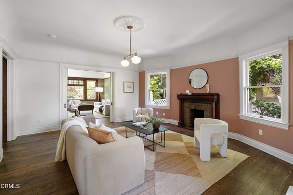 Fireplace, Interior, Living room, Pendant Lights, Wood Texture Flooring