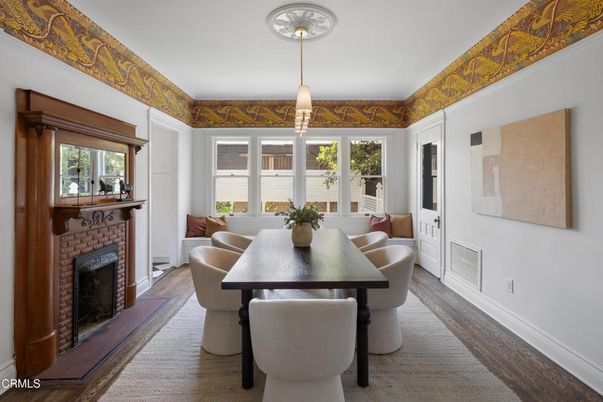 Dining room, Fireplace, Interior, Pendant Lights, Wood Texture Flooring