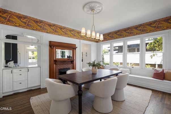 Dining room, Fireplace, Interior, Pendant Lights, Wood Texture Flooring