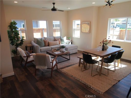Dining room, Interior, Living room, Recessed Lighting, Wood Texture Flooring