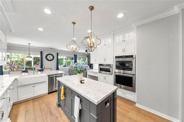 Interior, Kitchen, Pendant Lights, Recessed Lighting, Stainless Steel Appliances, Wood Texture Flooring