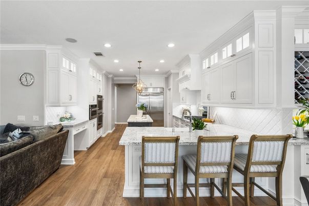 Interior, Kitchen, Pendant Lights, Recessed Lighting, Stainless Steel Appliances, Wood Texture Flooring