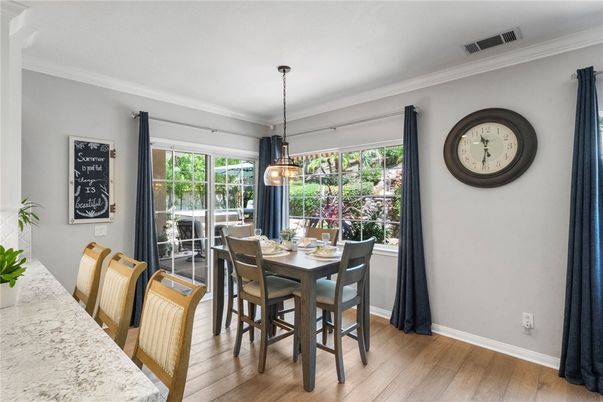 Dining room, Interior, Pendant Lights, Wood Texture Flooring