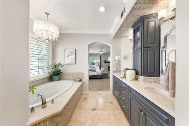 Bathroom, Chandelier, Dual Sink Vanities, Interior, Recessed Lighting