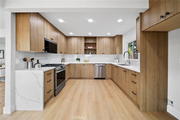 Interior, Kitchen, Recessed Lighting, Stainless Steel Appliances, Wood Texture Flooring