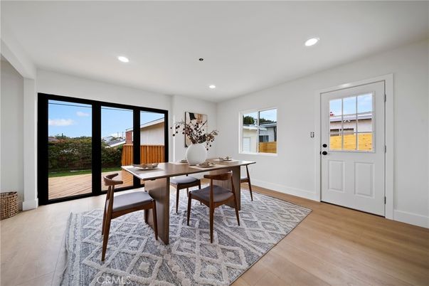 Dining room, Interior, Recessed Lighting, Wood Texture Flooring