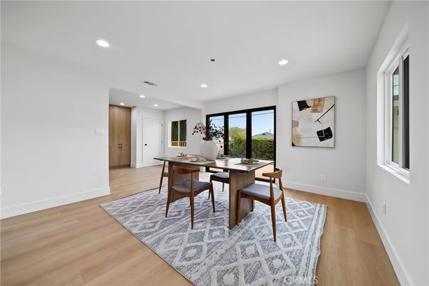 Dining room, Interior, Recessed Lighting, Wood Texture Flooring