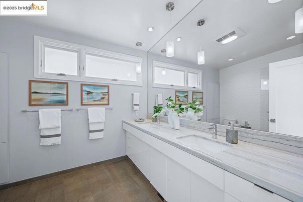 Bathroom, Dual Sink Vanities, Interior, Pendant Lights, Recessed Lighting