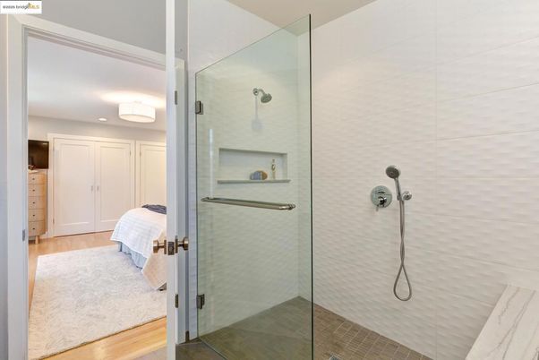 Bathroom, Glass Shower, Interior, Recessed Lighting, Wood Texture Flooring