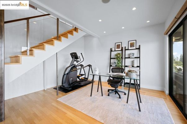 Fitness Equipment, Home Office, Interior, Recessed Lighting, Wood Texture Flooring