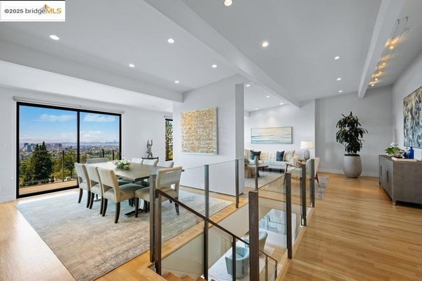 Dining room, Interior, Living room, Recessed Lighting, Wood Texture Flooring