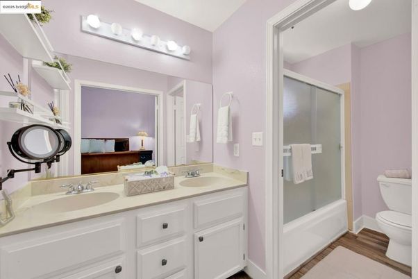 Bathroom, Dual Sink Vanities, Glass Shower, Interior, Wood Texture Flooring