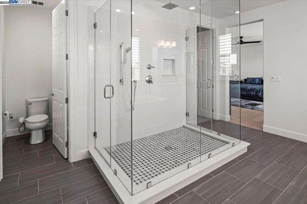 Bathroom, Glass Shower, Interior, Recessed Lighting, Wood Texture Flooring