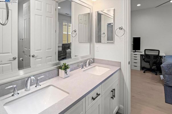 Bathroom, Dual Sink Vanities, Interior, Recessed Lighting, Wood Texture Flooring