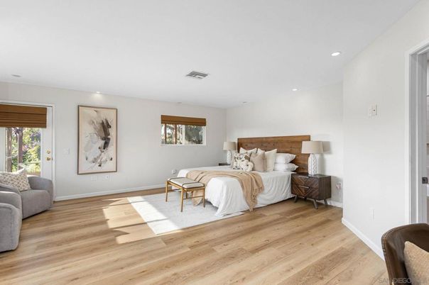 Bedroom, Interior, Recessed Lighting, Wood Texture Flooring