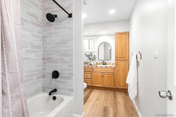 Bathroom, Dual Sink Vanities, Interior, Recessed Lighting, Wood Texture Flooring