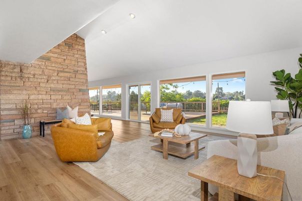Interior, Living room, Recessed Lighting, Stone Walls, Wood Texture Flooring