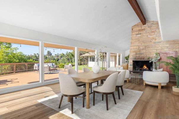 Dining room, Fireplace, Interior, Living room, Stone Walls, Wooden Beams, Wood Texture Flooring