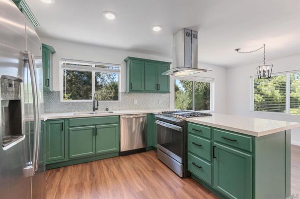 Interior, Kitchen, Pendant Lights, Recessed Lighting, Stainless Steel Appliances, Wood Texture Flooring