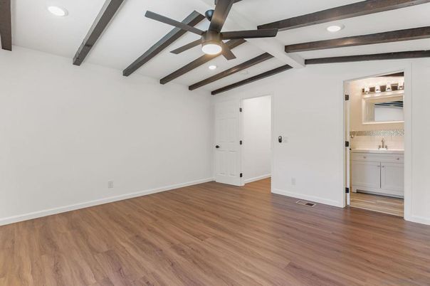 Bathroom, Empty room, Interior, Recessed Lighting, Wooden Beams, Wood Texture Flooring