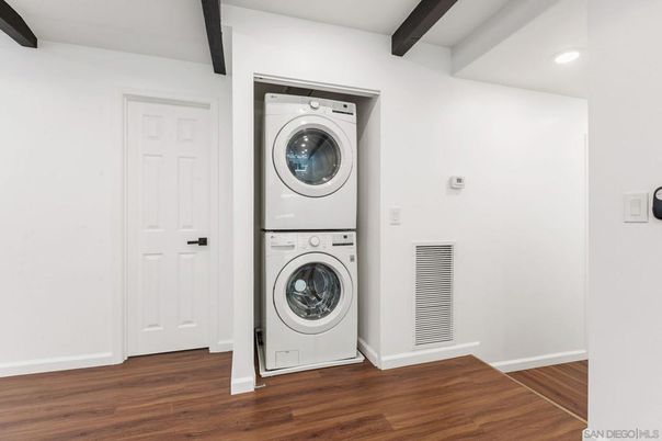 Interior, Recessed Lighting, Utility Closets, Washer, Wooden Beams, Wood Texture Flooring
