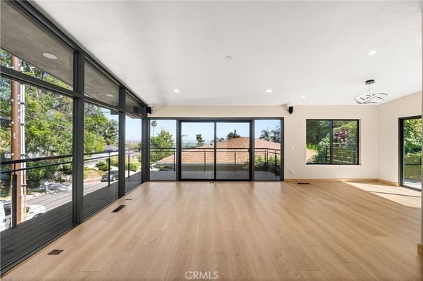 Empty room, Interior, Pendant Lights, Recessed Lighting, Sun Room, Wood Texture Flooring