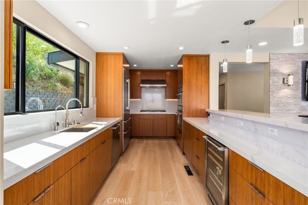 Interior, Kitchen, Pendant Lights, Recessed Lighting, Stainless Steel Appliances, Wood Texture Flooring