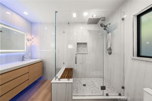 Bathroom, Glass Shower, Interior, Recessed Lighting, Wood Texture Flooring