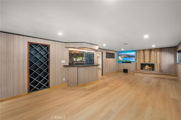 Empty room, Fireplace, Interior, Recessed Lighting, Wood Texture Flooring, Wooden Walls