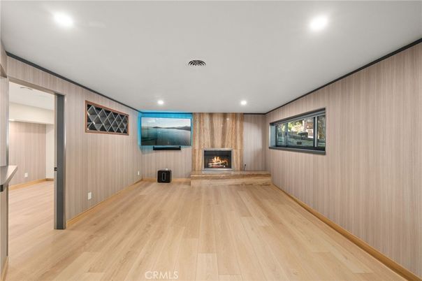Empty room, Fireplace, Interior, Recessed Lighting, Wood Texture Flooring, Wooden Walls
