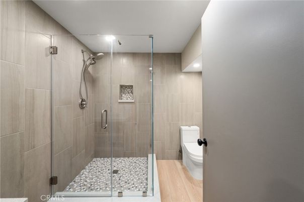 Bathroom, Glass Shower, Interior, Wood Texture Flooring