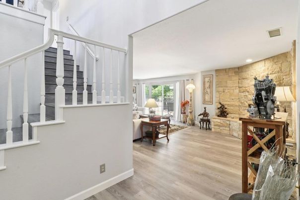 Interior, Recessed Lighting, Stone Walls, Wood Texture Flooring