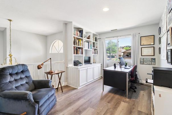 Home Office, Interior, Pendant Lights, Recessed Lighting, Wood Texture Flooring