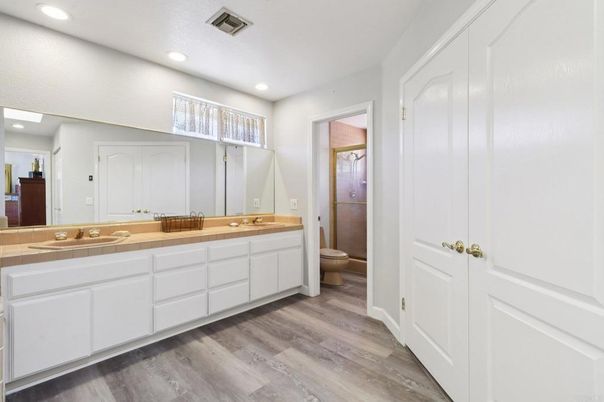 Bathroom, Dual Sink Vanities, Interior, Recessed Lighting, Wood Texture Flooring
