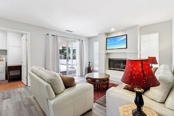 Fireplace, Interior, Living room, Recessed Lighting, Wood Texture Flooring